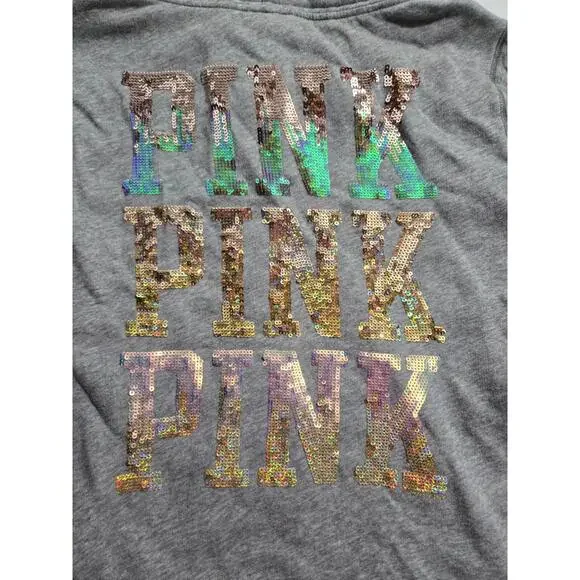 Victoria's Secret PINK Rainbow Sequin Bling Full Zip Hoodie Gray Size Large EUC